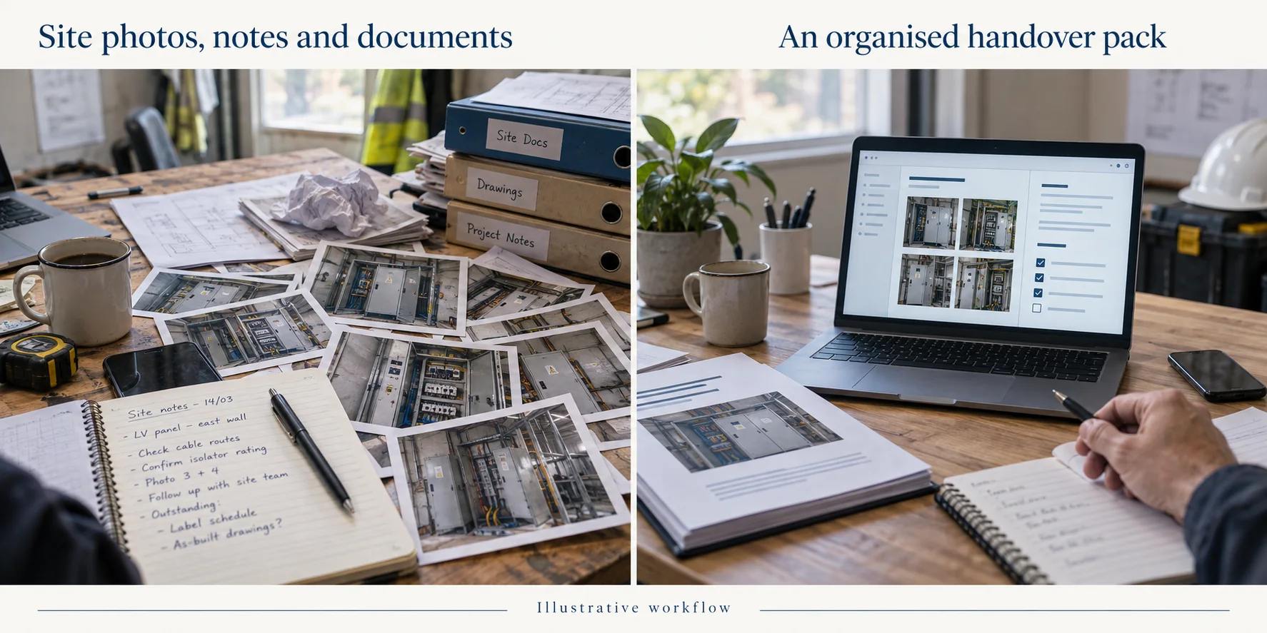 Illustrative workflow: scattered site photos, notes and project documents become an organised handover pack for review.