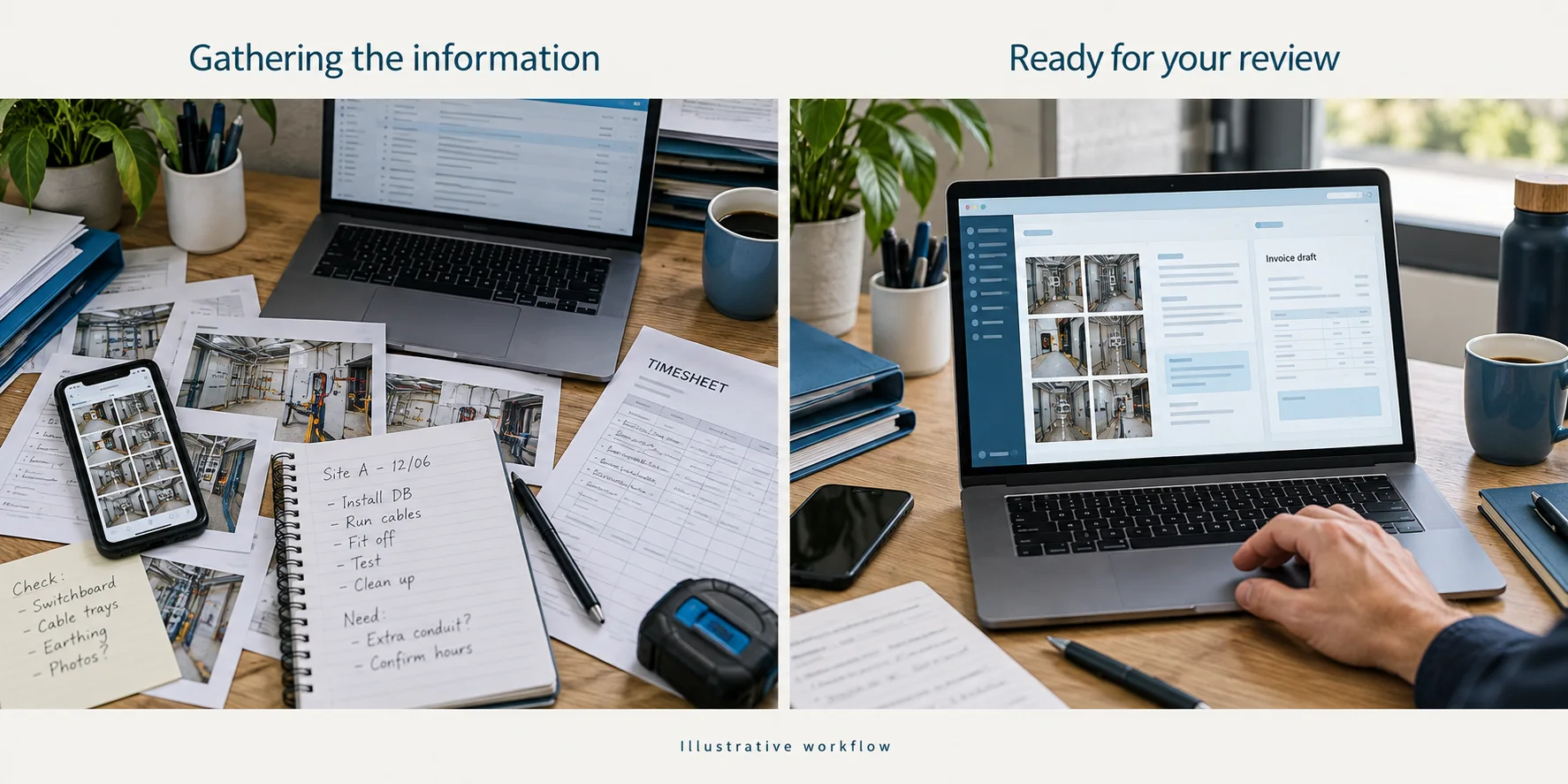 Illustrative workflow: scattered job photos, notes and timesheets become an organised job pack and invoice draft ready for review.